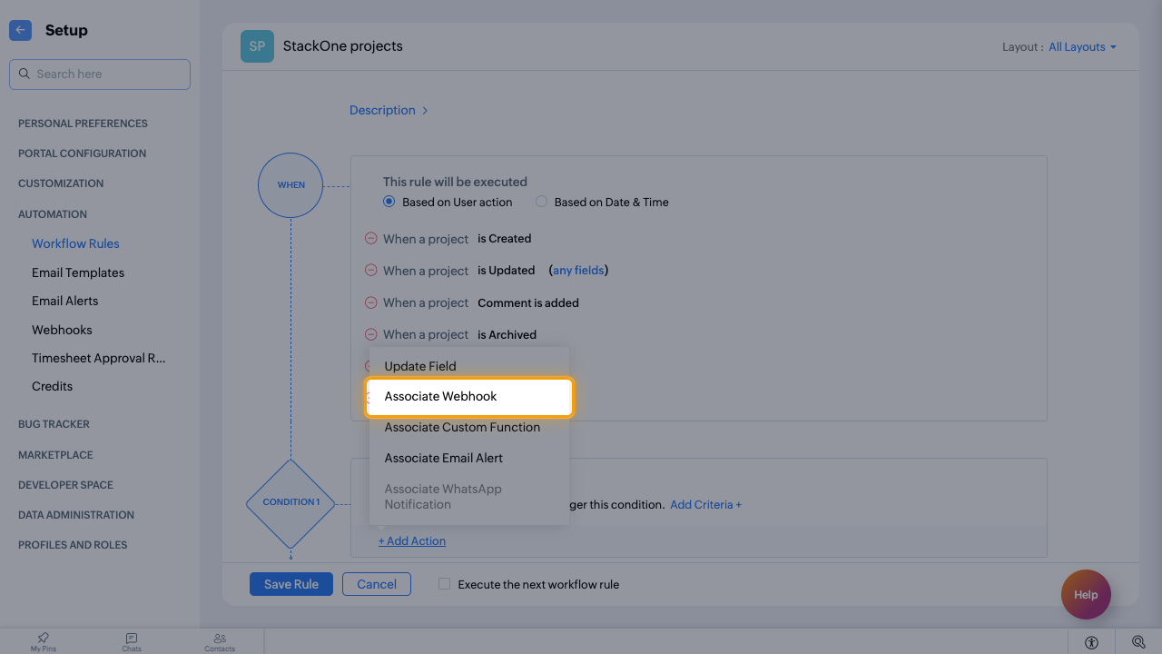 The Add Action menu with Associate Webhook highlighted