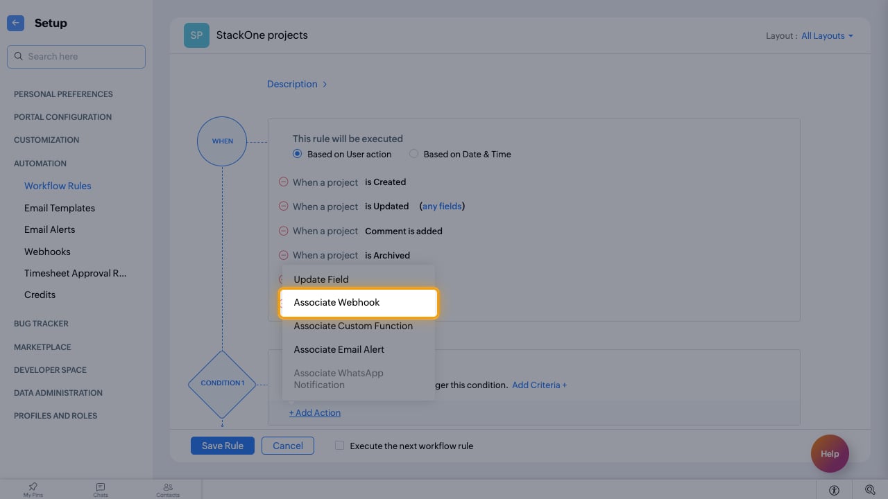 The Add Action menu with Associate Webhook highlighted