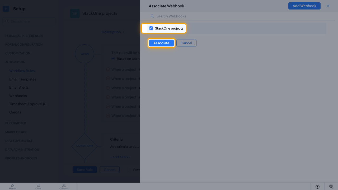 The Associate Webhook panel with the StackOne projects webhook ticked and Associate highlighted