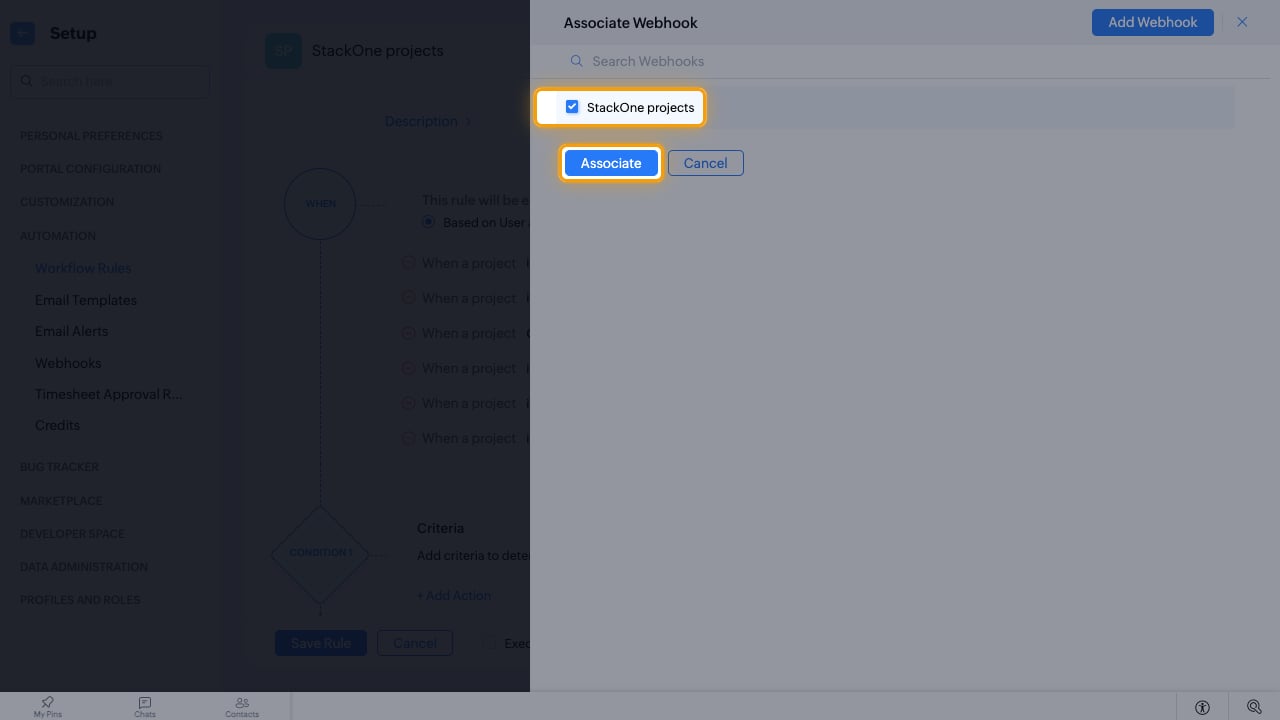 The Associate Webhook panel with the StackOne projects webhook ticked and Associate highlighted