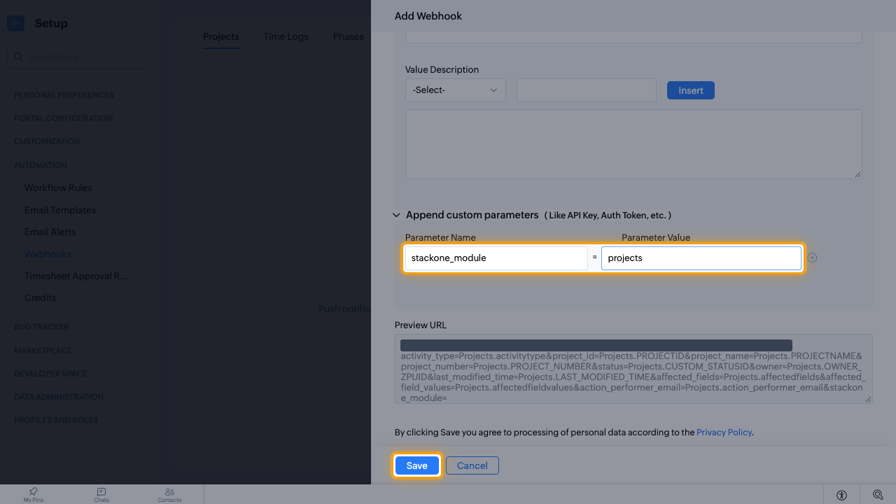 The stackone_module custom parameter and the Save button highlighted