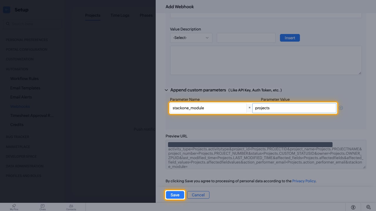 The stackone_module custom parameter and the Save button highlighted