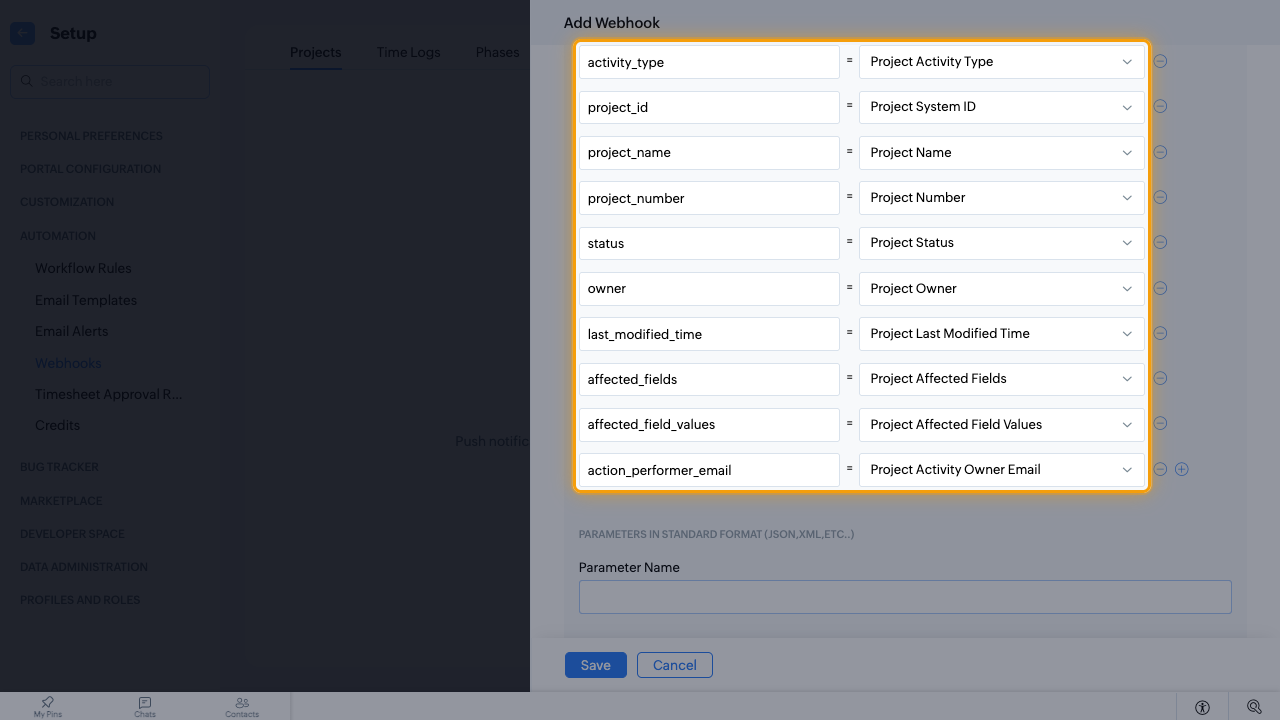 The ten Projects parameters mapped to their Zoho fields