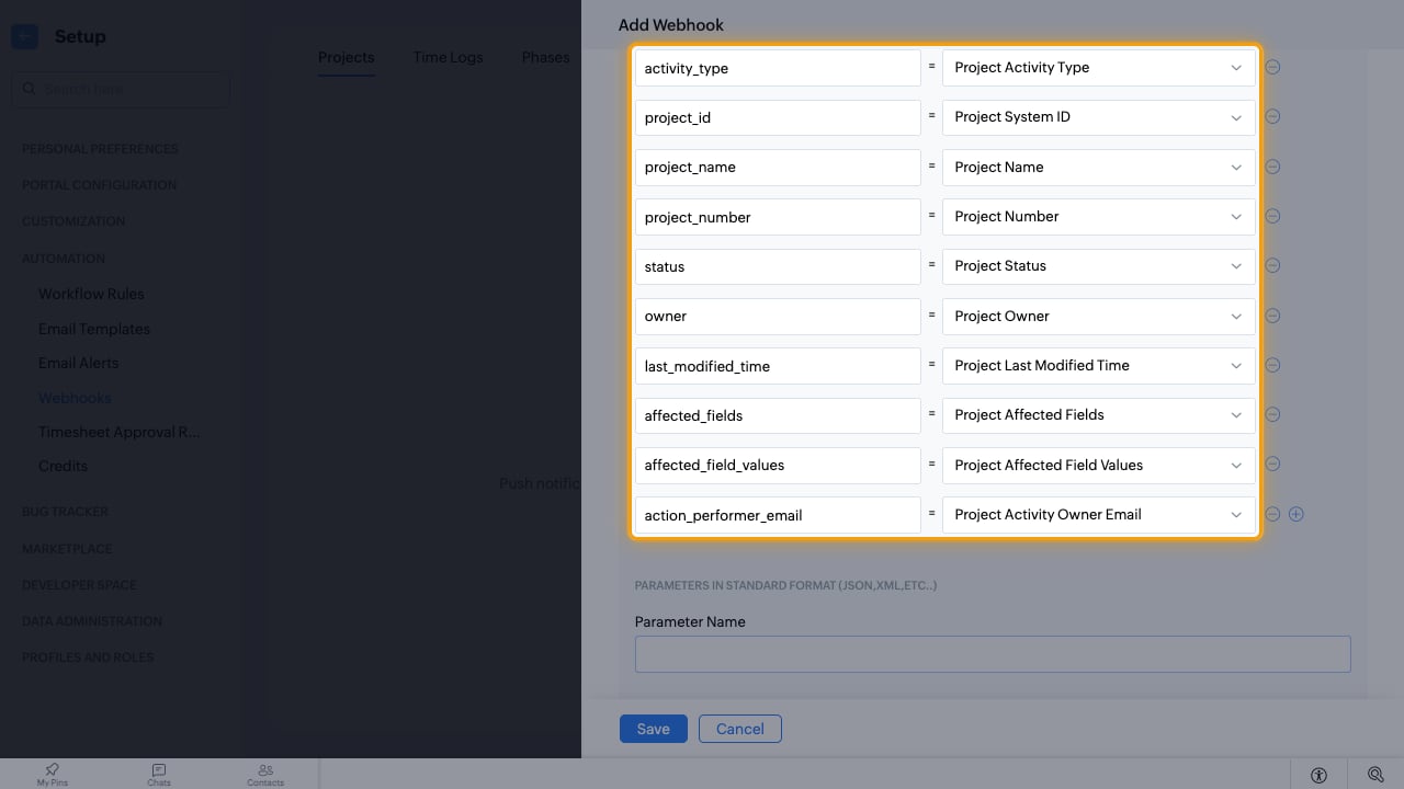 The ten Projects parameters mapped to their Zoho fields
