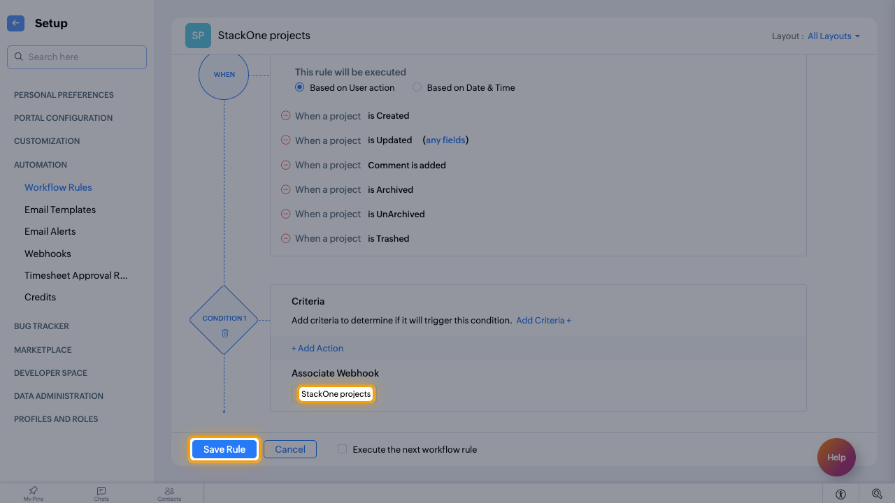 The associated webhook and the Save Rule button highlighted