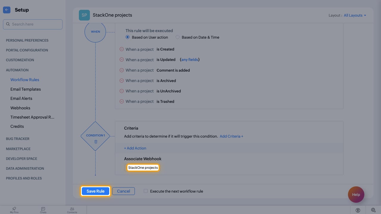 The associated webhook and the Save Rule button highlighted
