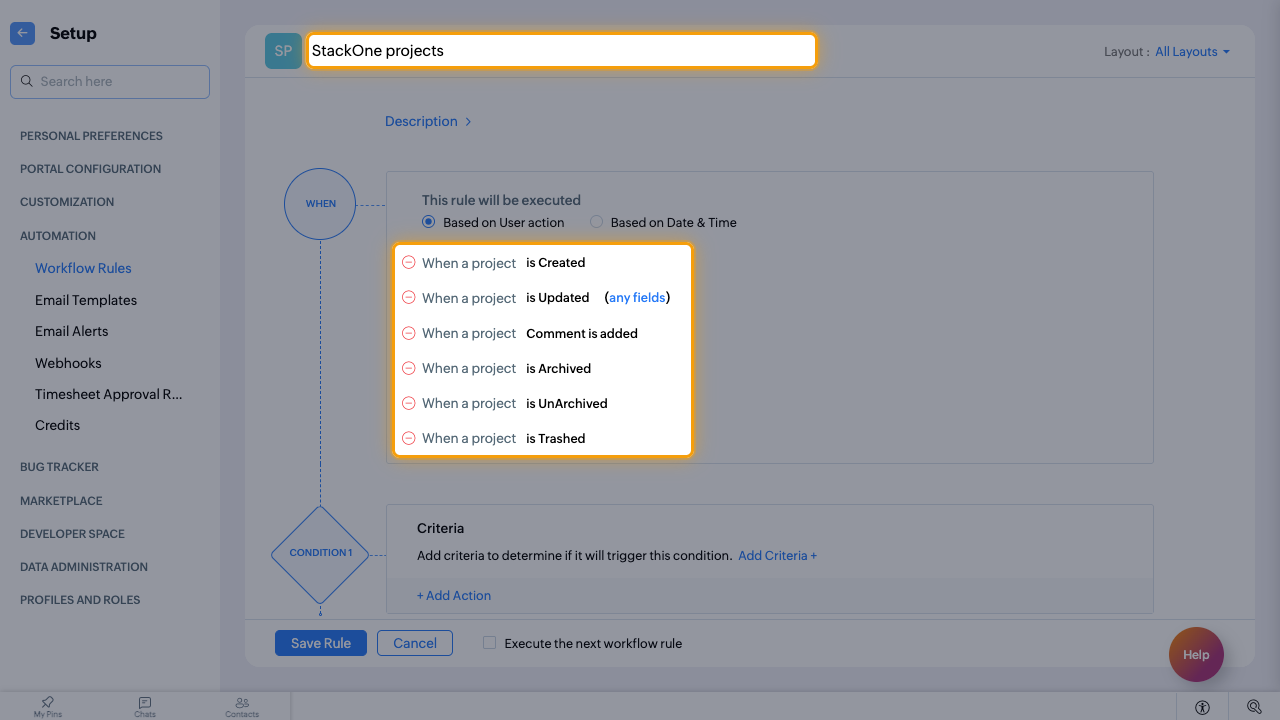 A workflow rule named StackOne projects with one row per project trigger