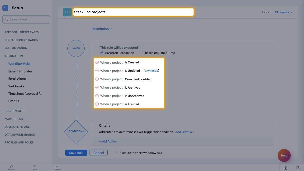 A workflow rule named StackOne projects with one row per project trigger