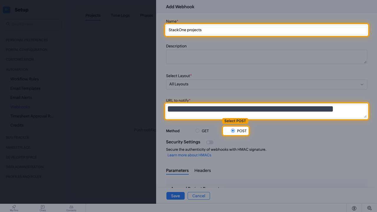 The Add Webhook form with Name, URL to notify and the POST method highlighted