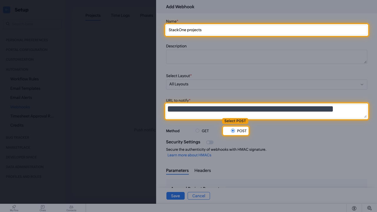 The Add Webhook form with Name, URL to notify and the POST method highlighted