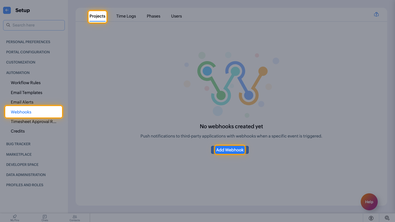 The Automation Webhooks page with the Projects tab and Add Webhook highlighted