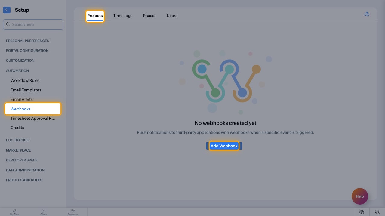 The Automation Webhooks page with the Projects tab and Add Webhook highlighted