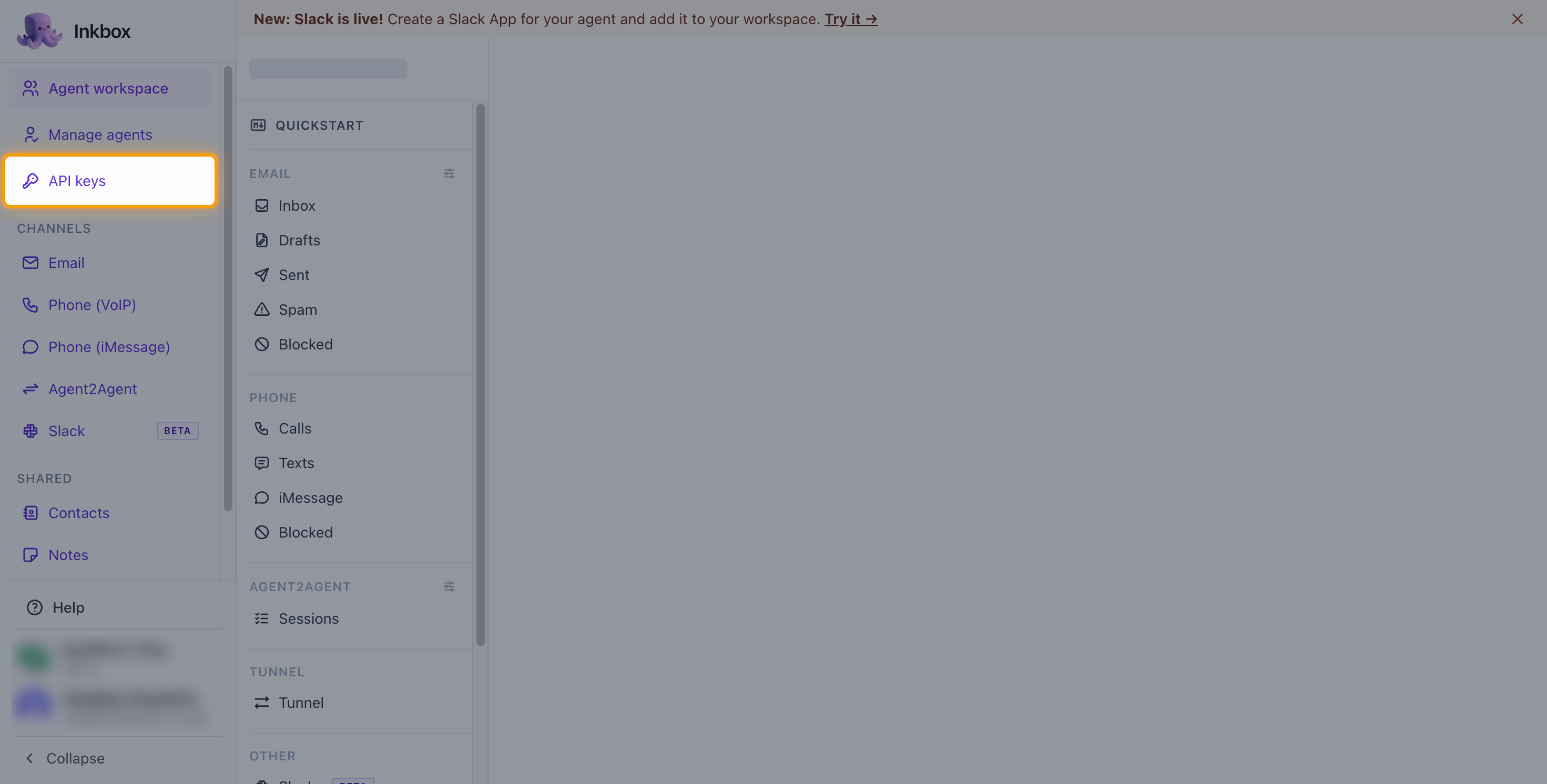 The Inkbox Console sidebar with the API keys item highlighted