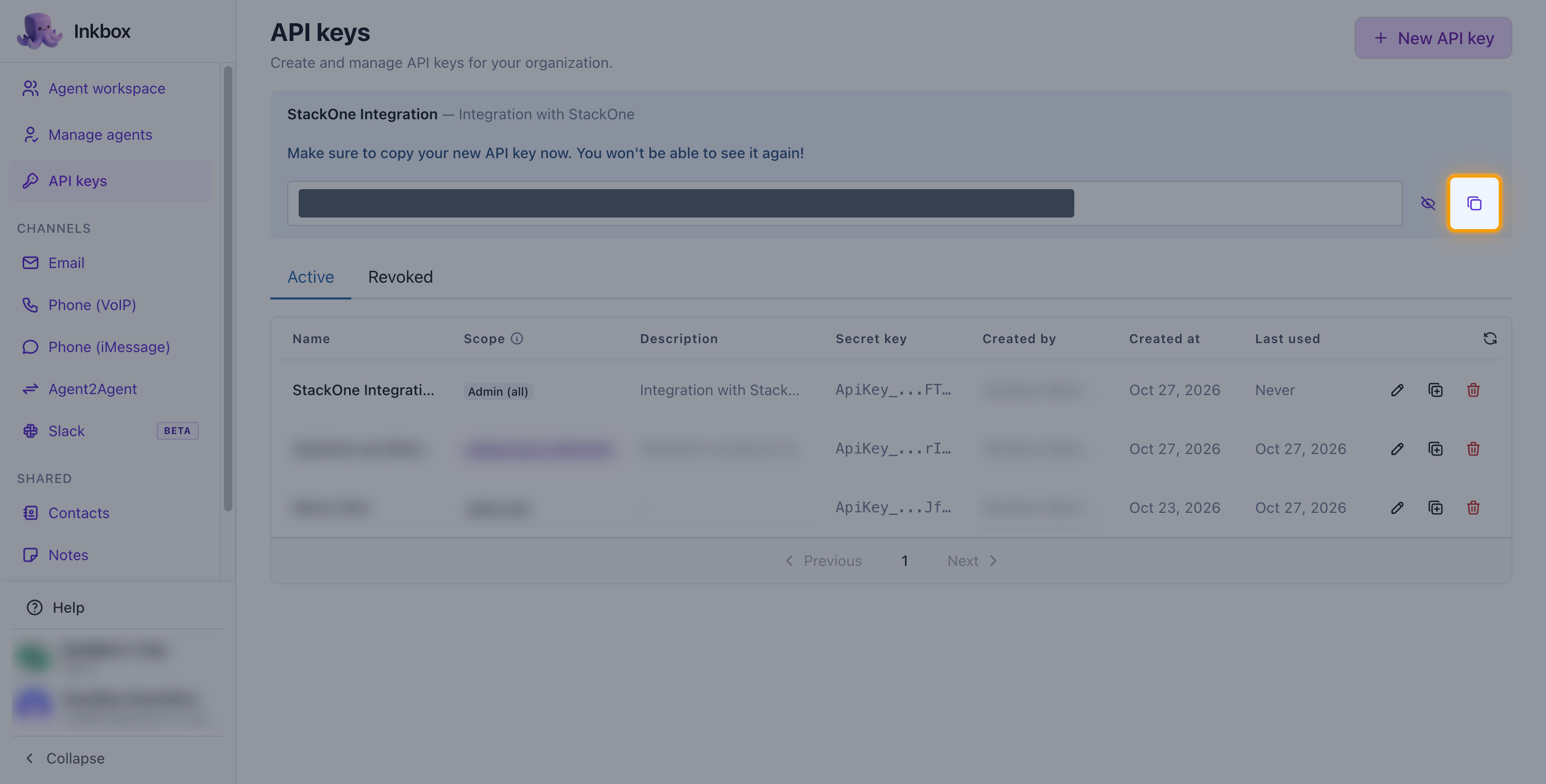 The new API key banner with the key value masked and the Copy key button highlighted