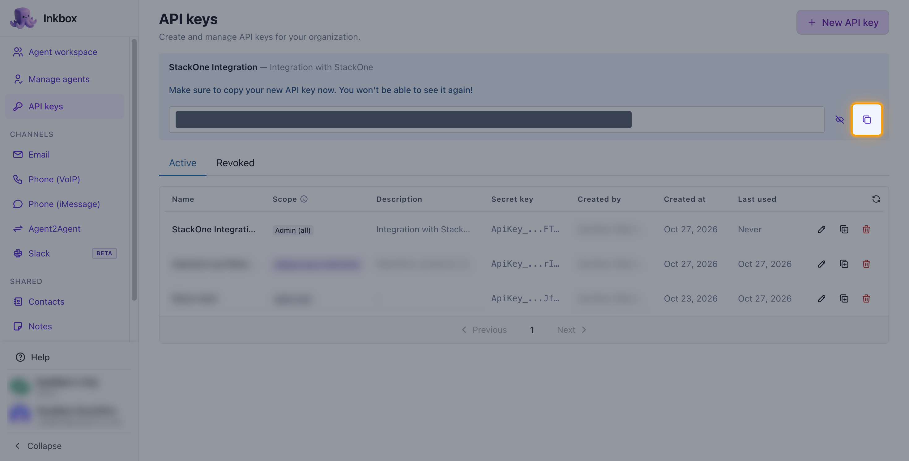 The new API key banner with the key value masked and the Copy key button highlighted