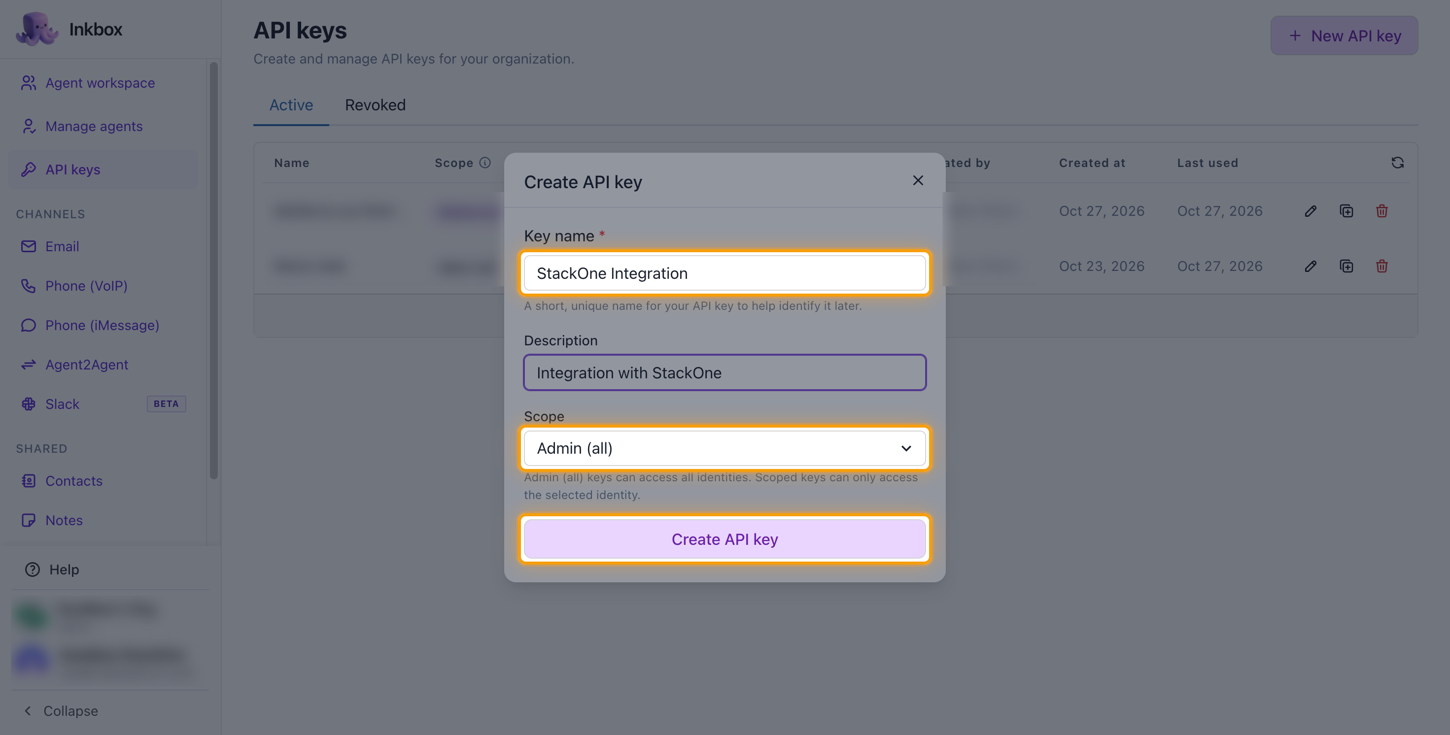 The Create API key window with the Key name field, Scope dropdown, and Create API key button highlighted