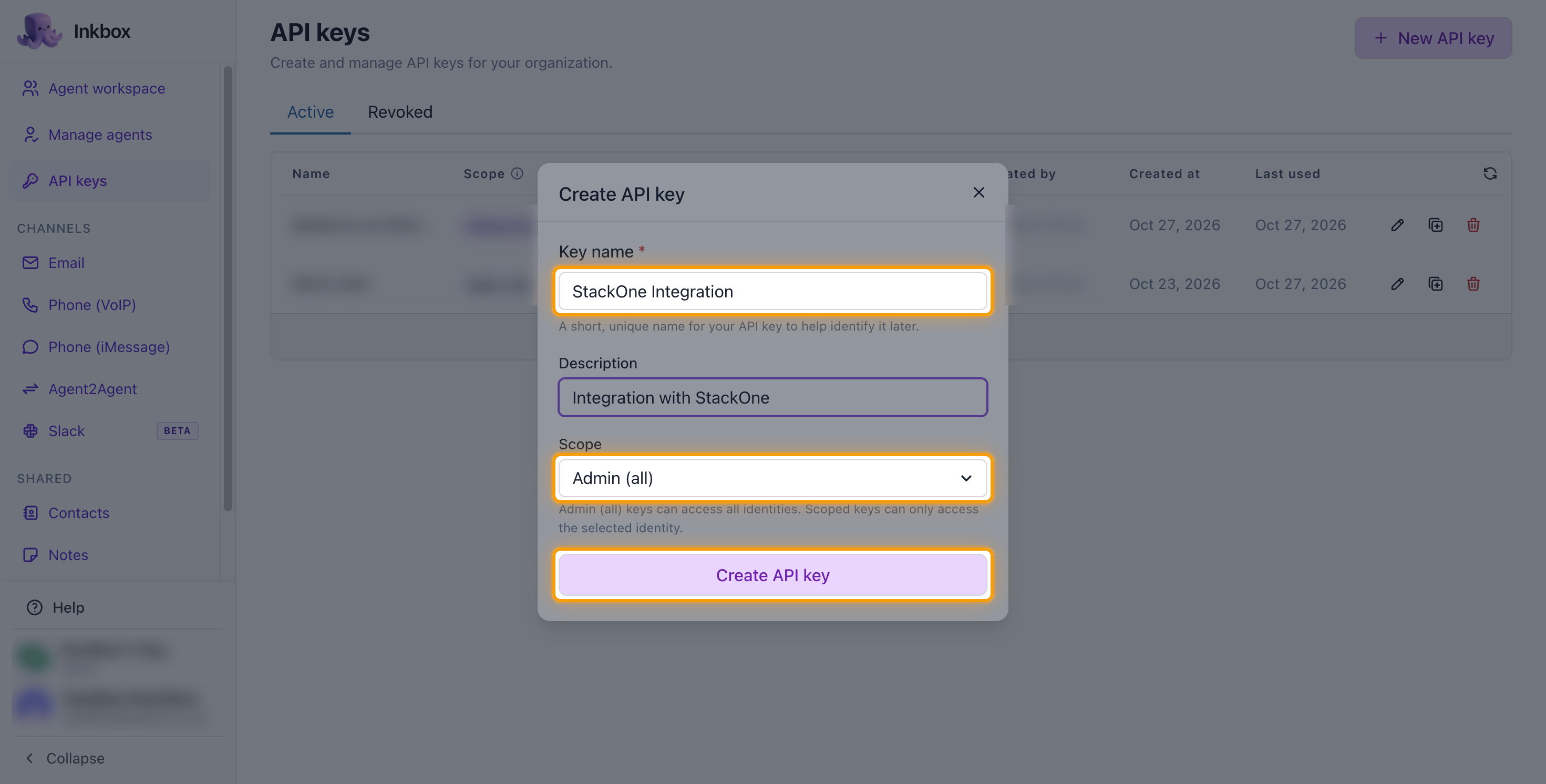 The Create API key window with the Key name field, Scope dropdown, and Create API key button highlighted