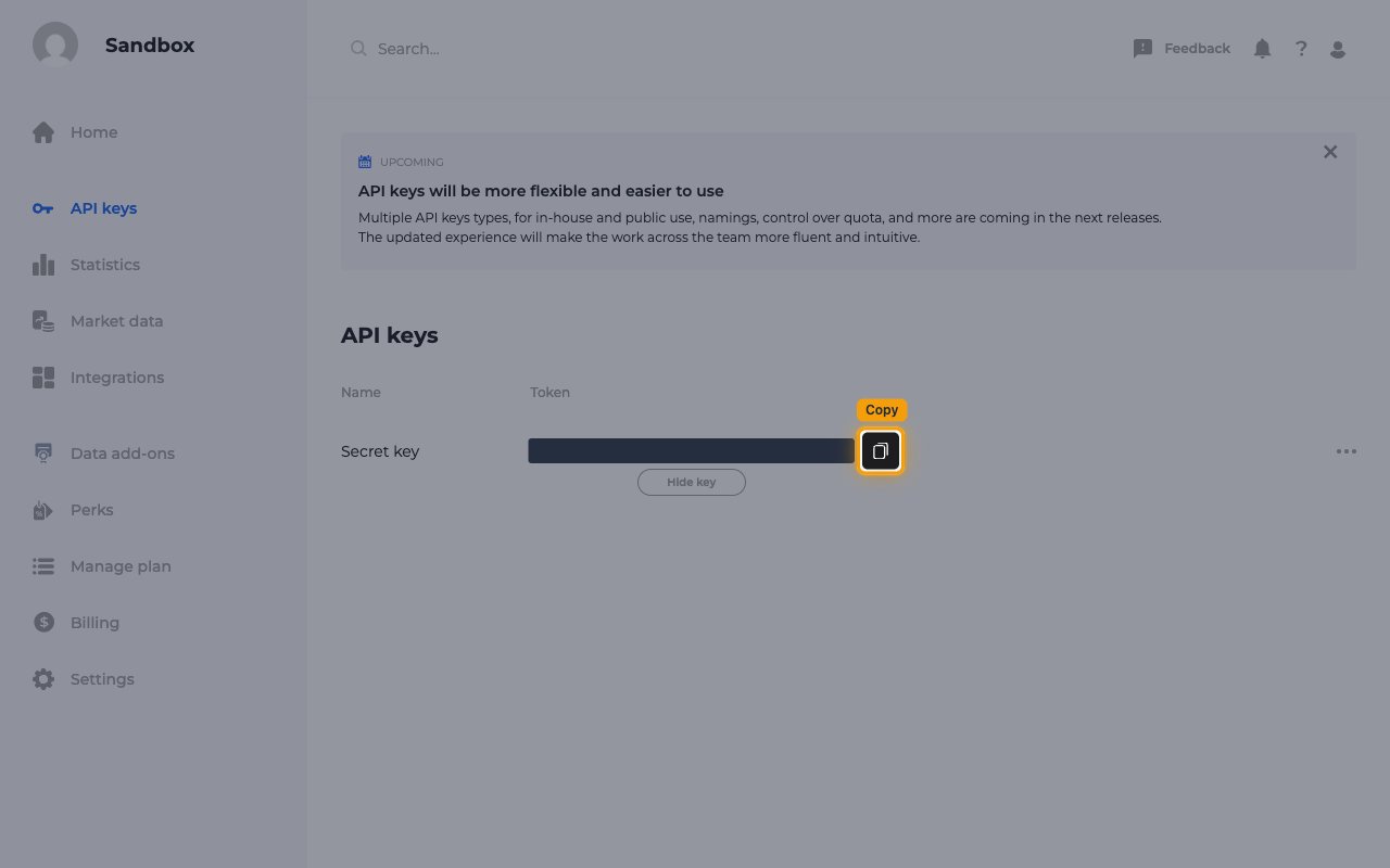 The revealed Secret key token, masked in this image, with the copy button next to it highlighted