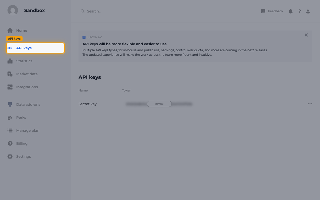 The Twelve Data account dashboard with API keys highlighted in the left sidebar