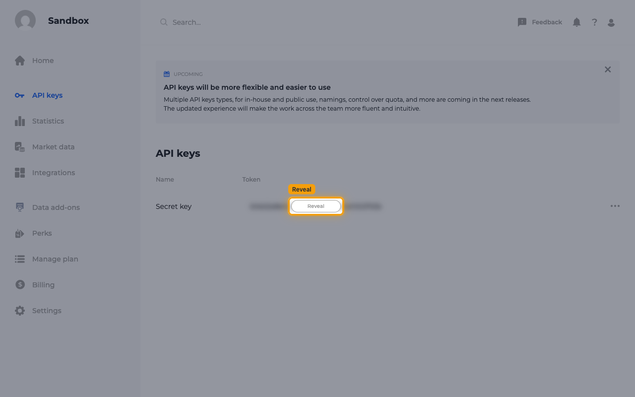The API keys table with the Reveal button highlighted on the Secret key row