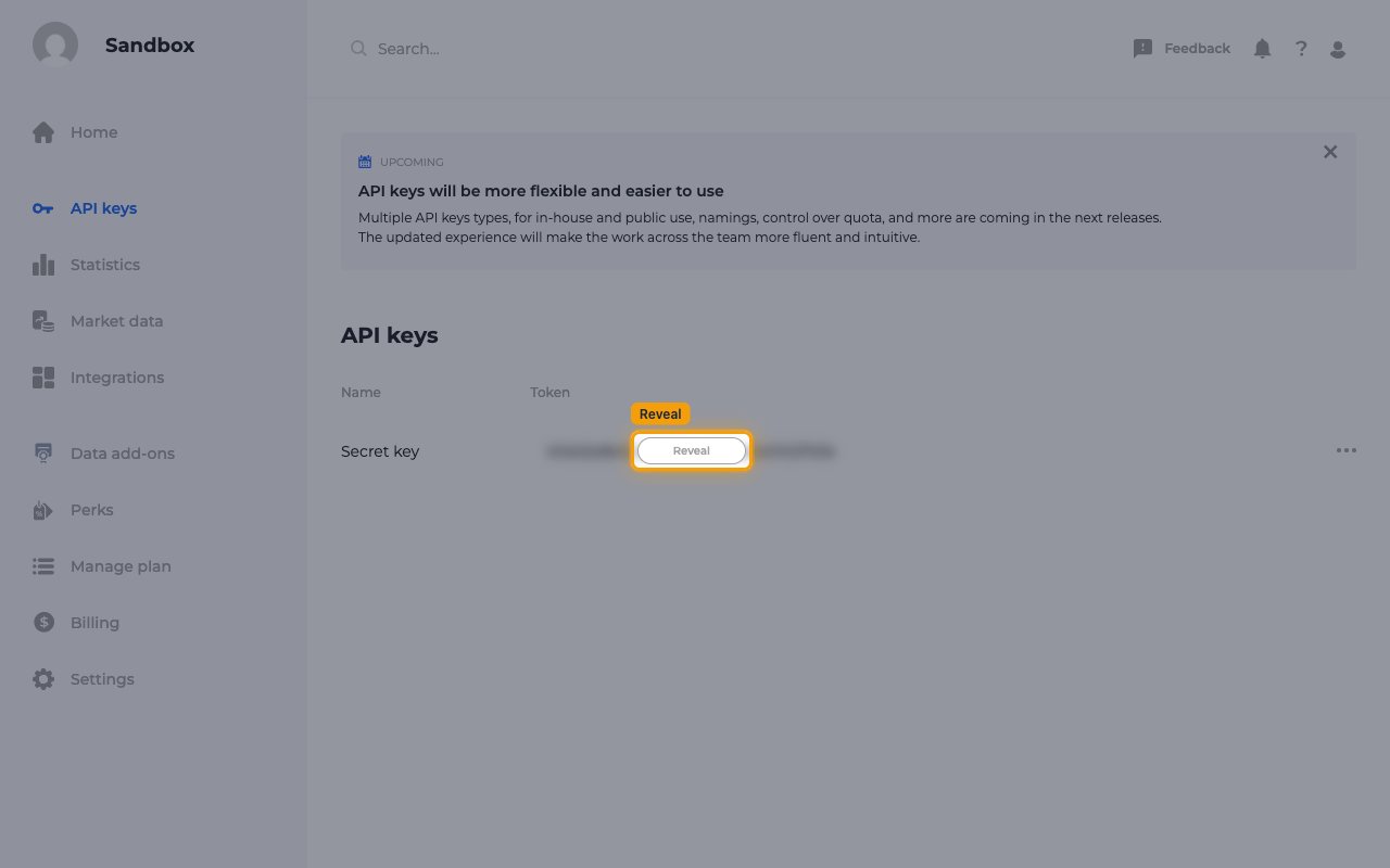 The API keys table with the Reveal button highlighted on the Secret key row