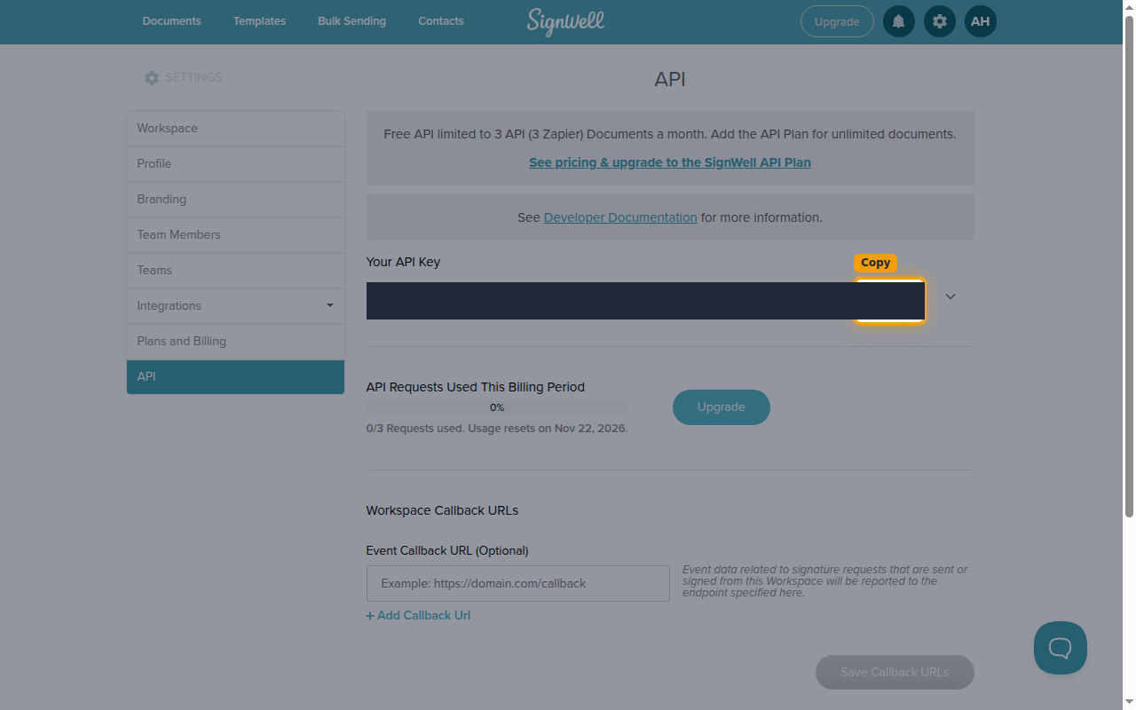 The SignWell API page showing the generated API key with the Copy button highlighted