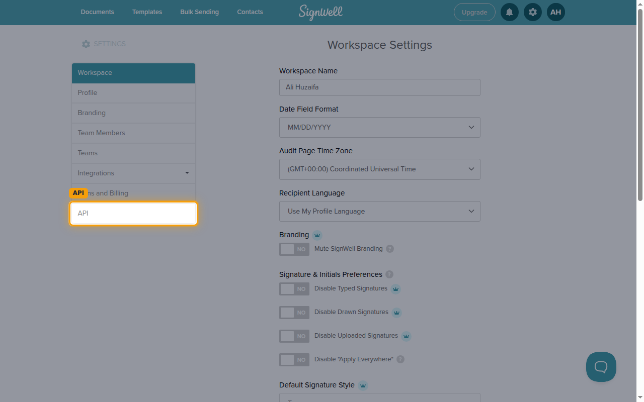 The SignWell Settings page with the API tab highlighted in the sidebar
