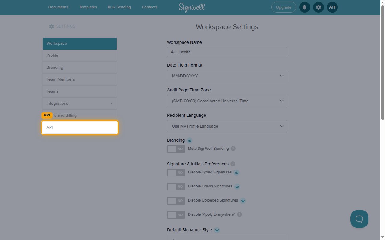 The SignWell Settings page with the API tab highlighted in the sidebar