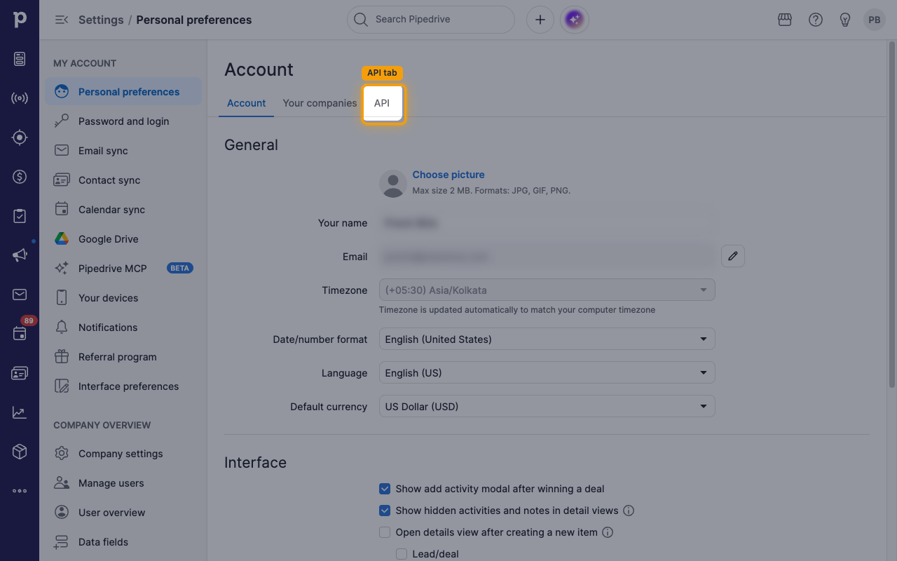 The Personal preferences page with the API tab highlighted