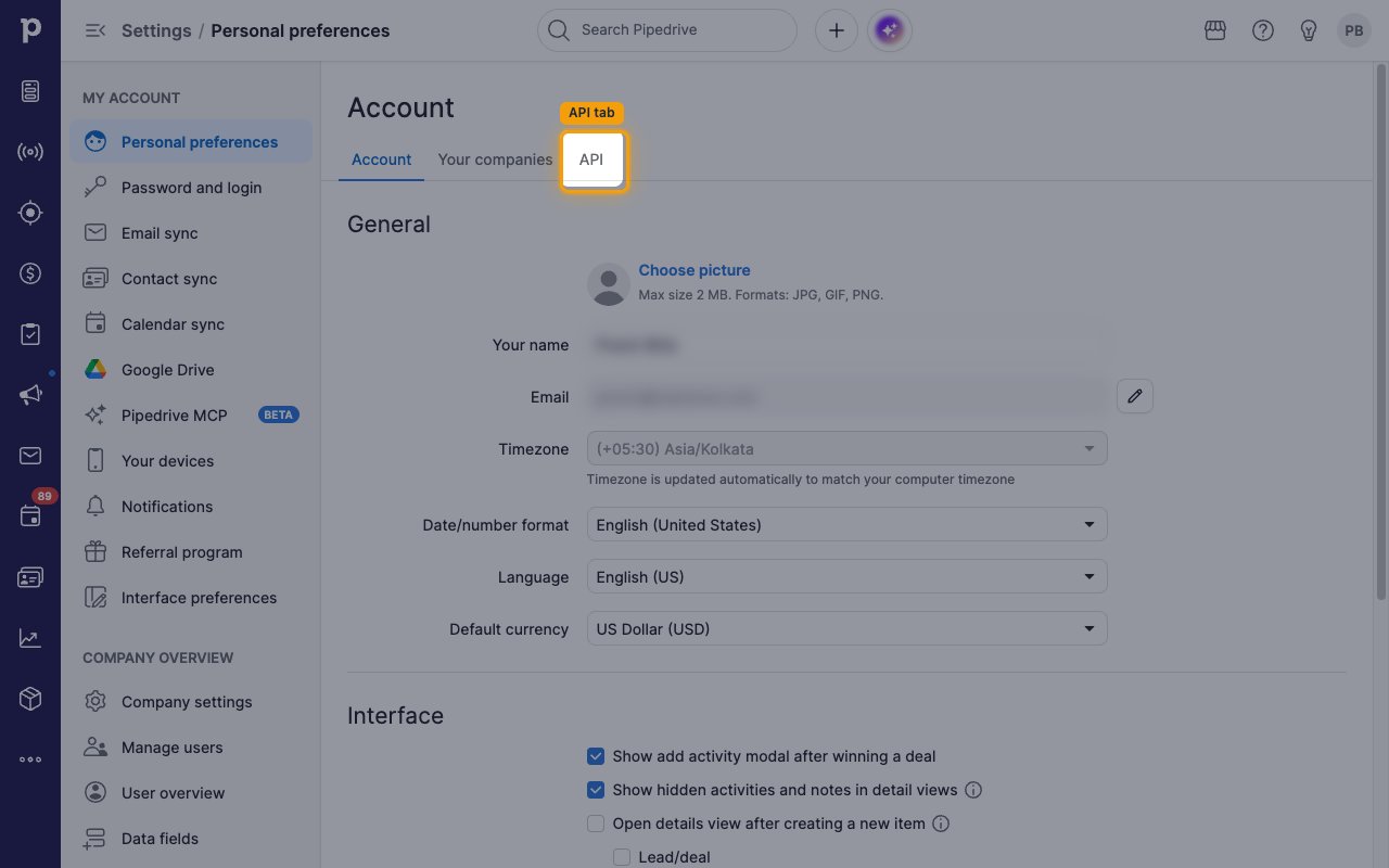 The Personal preferences page with the API tab highlighted