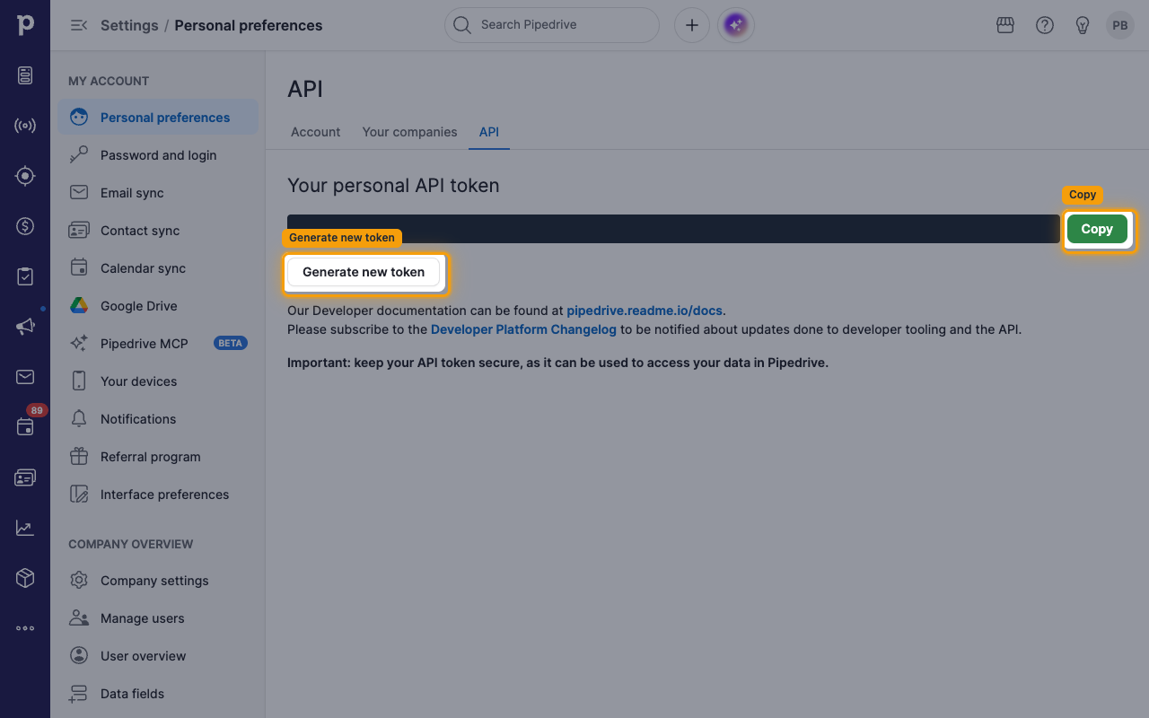 The API tab showing the personal API token with the Copy and Generate new token buttons highlighted