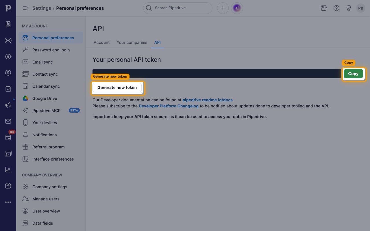 The API tab showing the personal API token with the Copy and Generate new token buttons highlighted