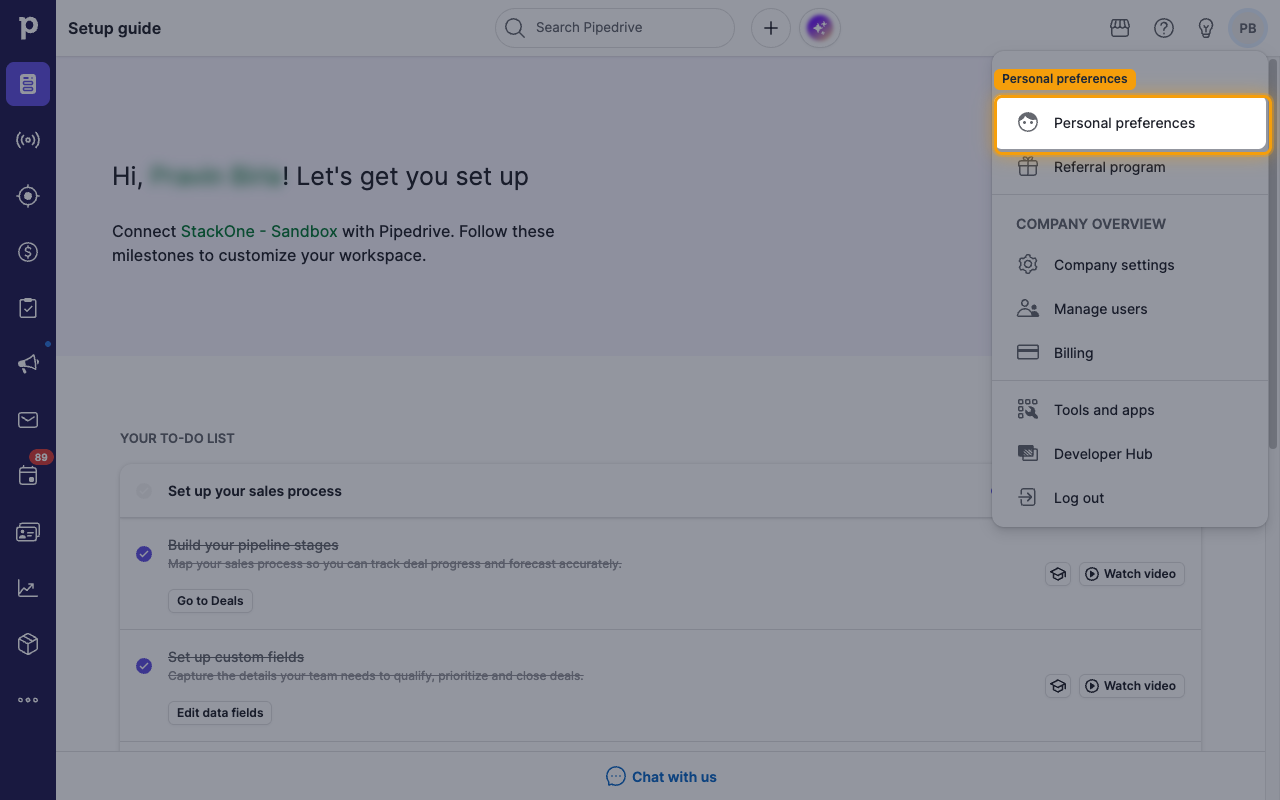 The Pipedrive profile dropdown with Personal preferences highlighted