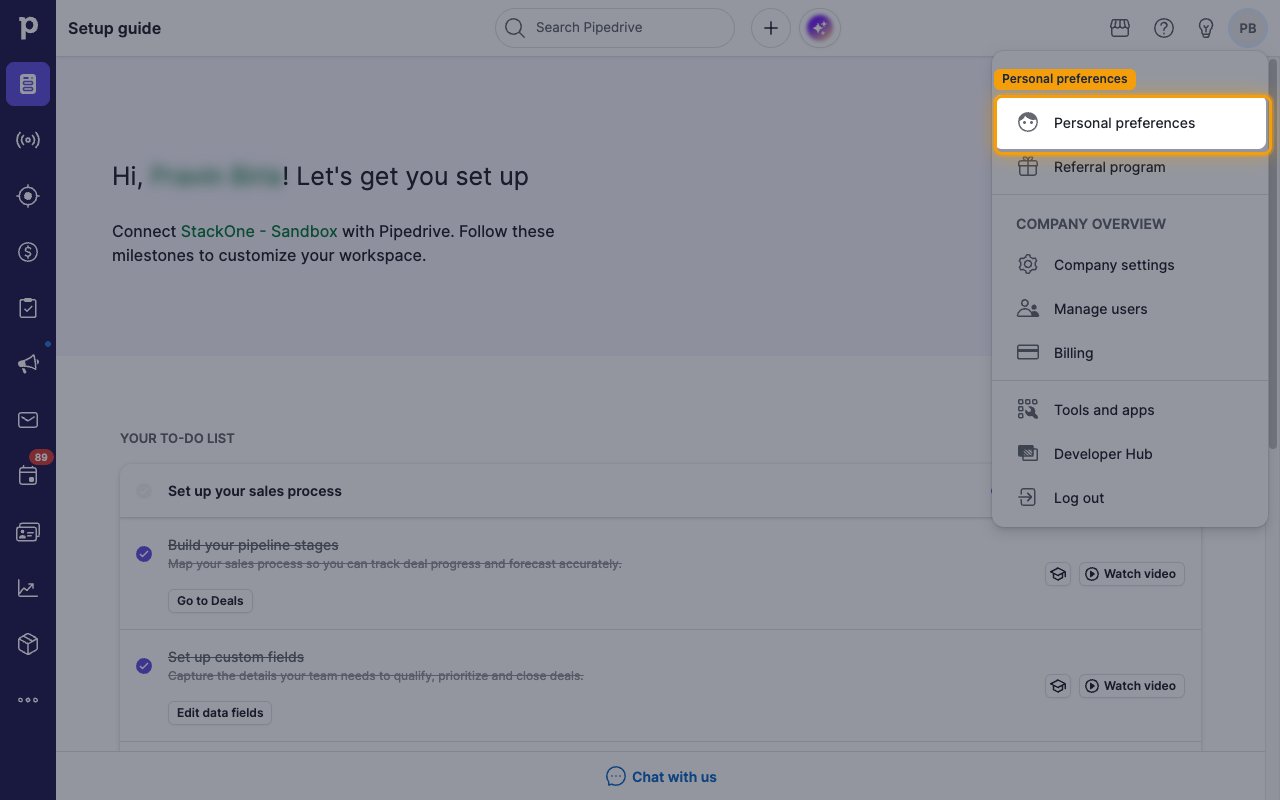 The Pipedrive profile dropdown with Personal preferences highlighted