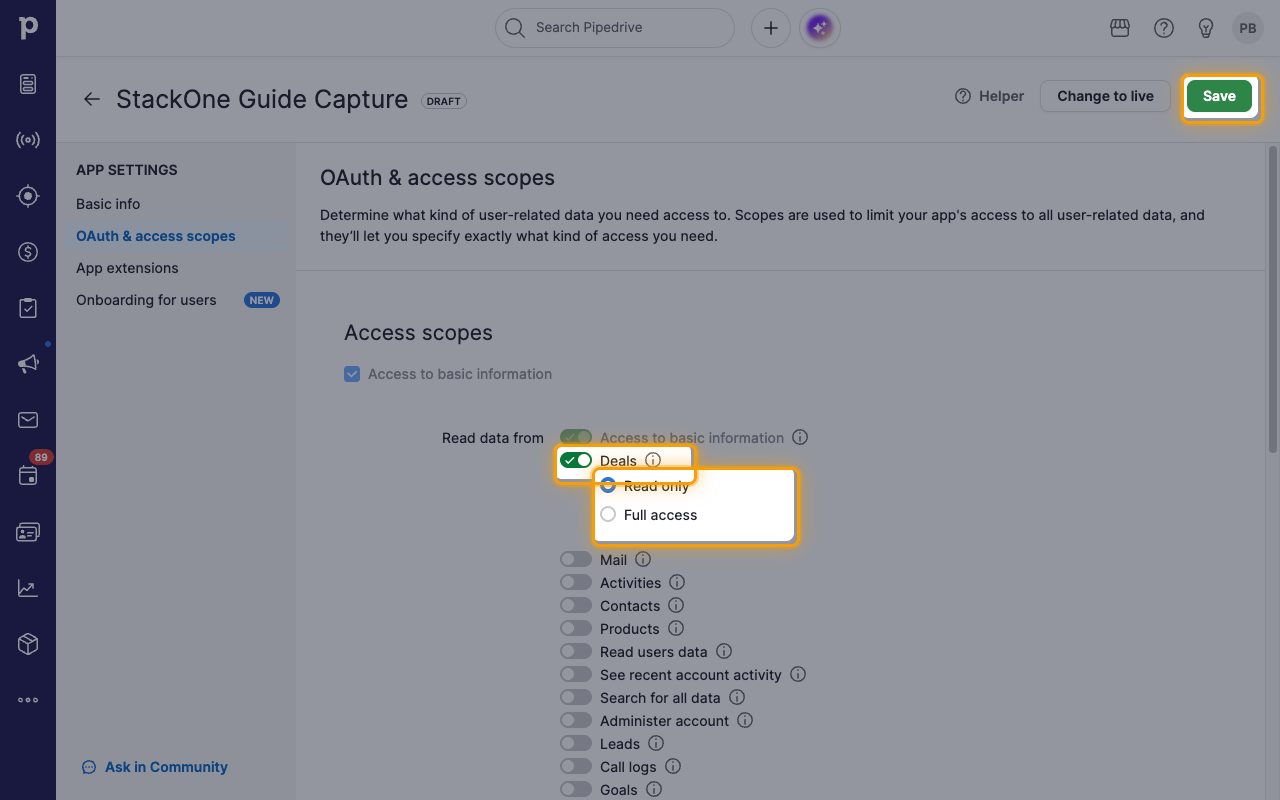 The OAuth and access scopes page with a scope toggle and its Read only and Full access options highlighted
