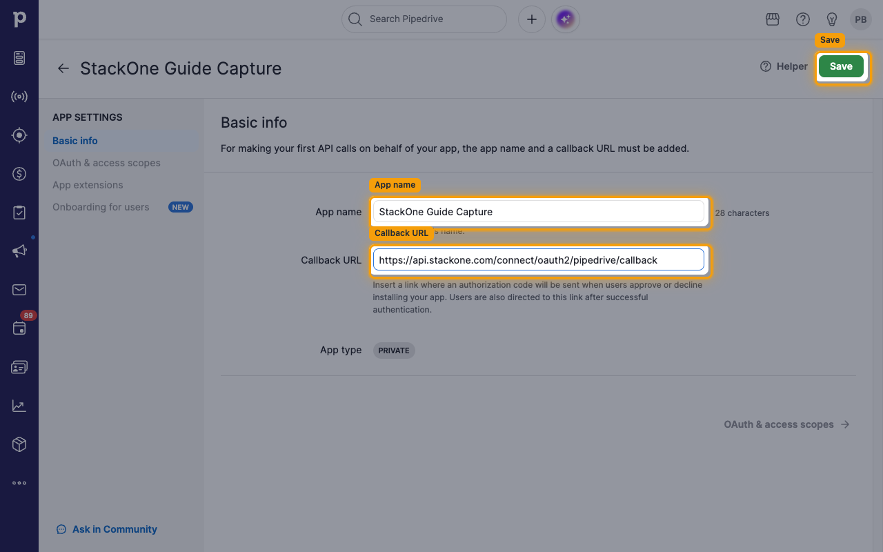 The Basic info tab with the App name and Callback URL fields and the Save button highlighted