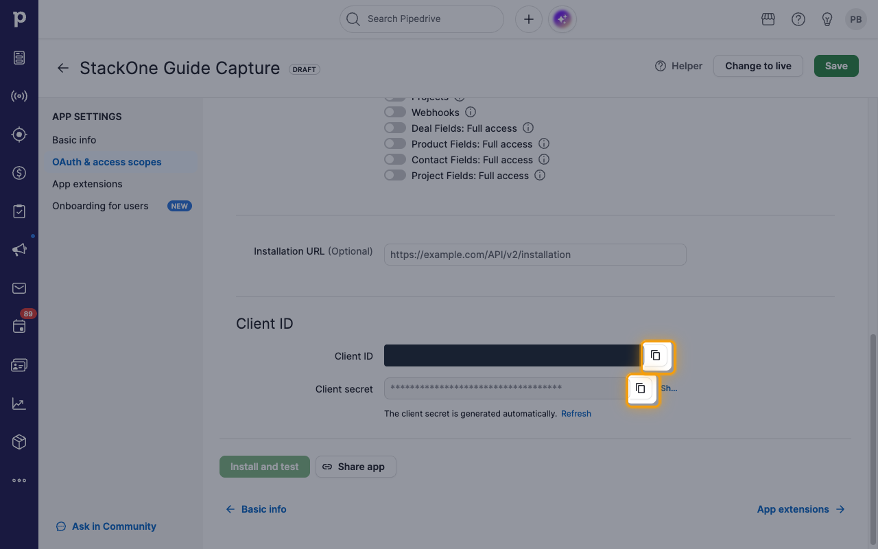 The Client ID and Client secret fields with their copy icons highlighted