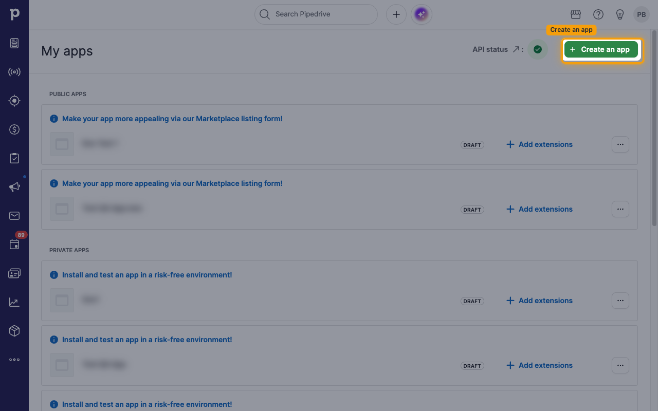 The Developer Hub My apps page with the Create an app button highlighted