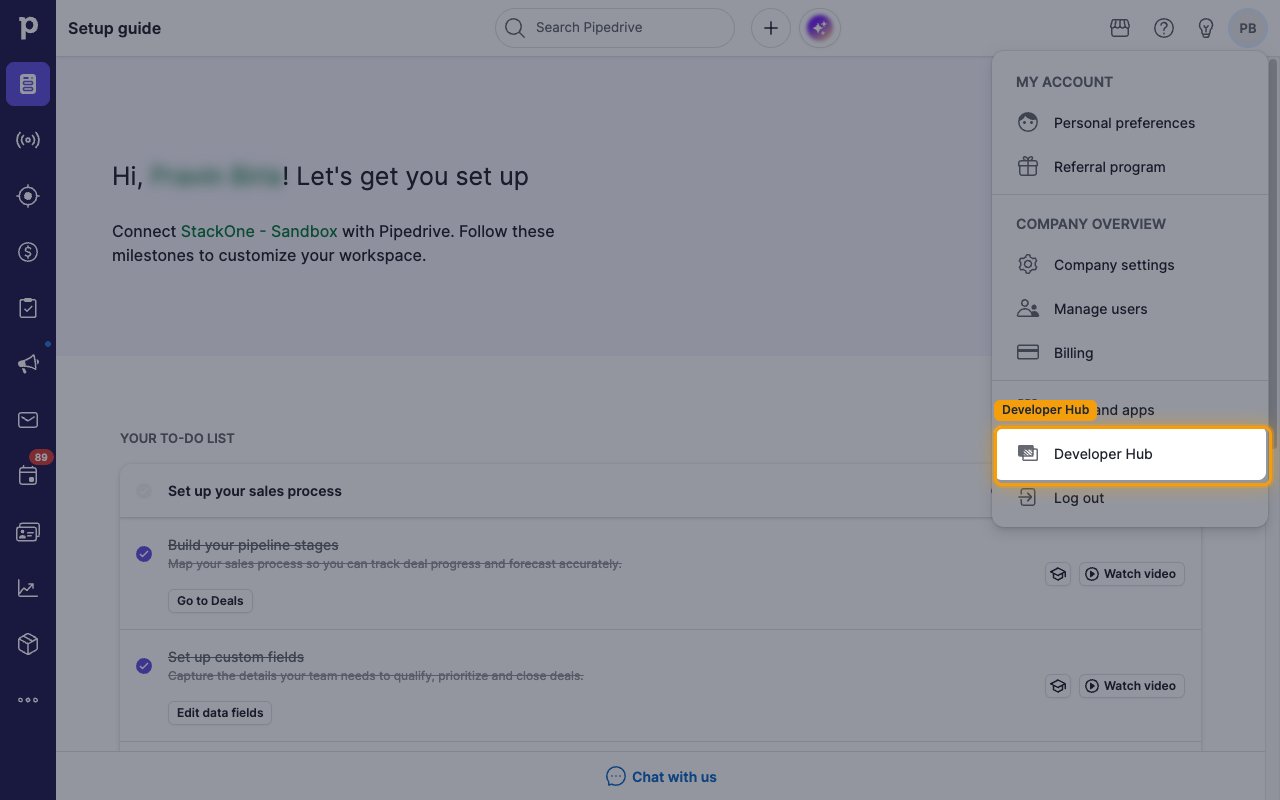 The Pipedrive profile dropdown with Developer Hub highlighted