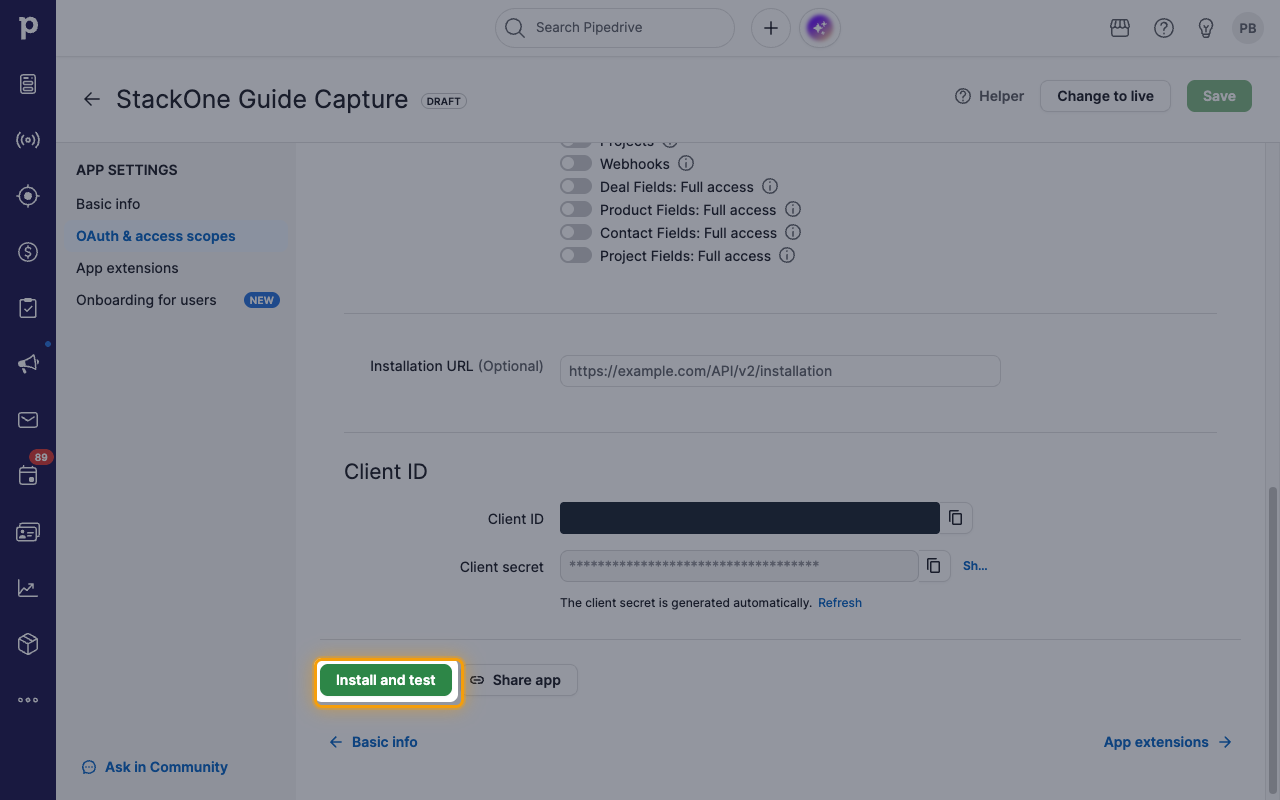 The OAuth and access scopes page with the Install and test button highlighted