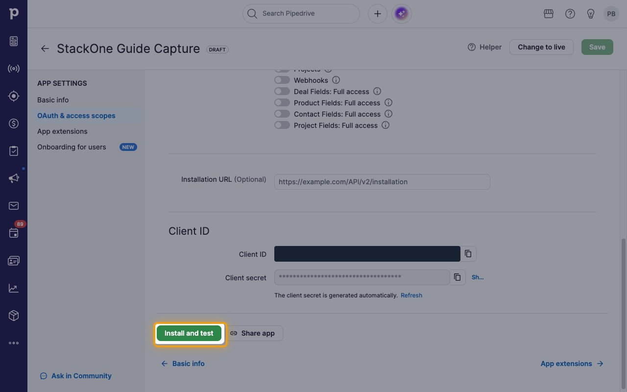 The OAuth and access scopes page with the Install and test button highlighted