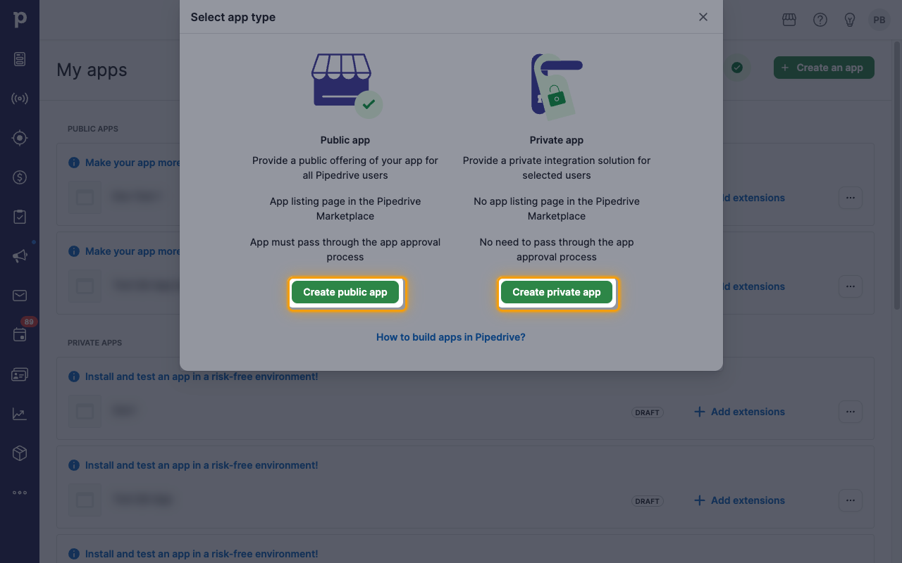 The Select app type dialog with the Create public app and Create private app buttons highlighted