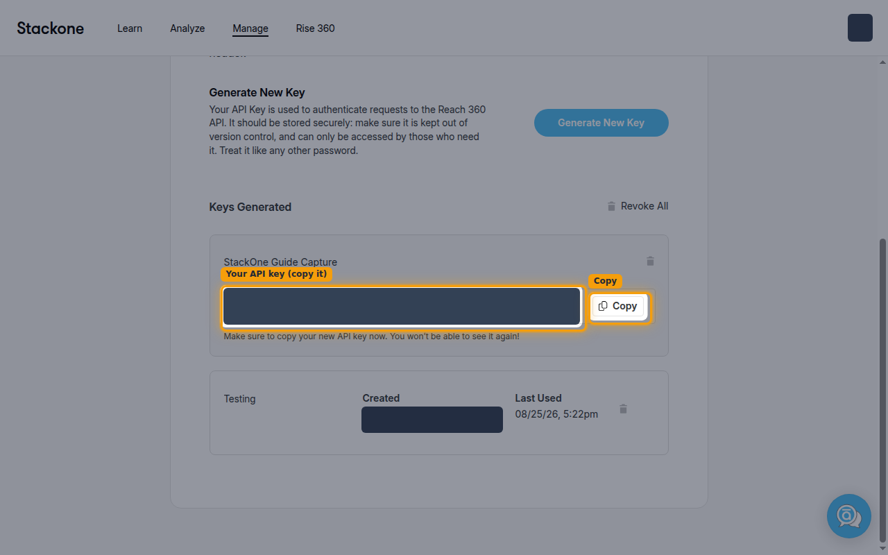 Newly generated Reach 360 API key with the value redacted and the Copy button highlighted