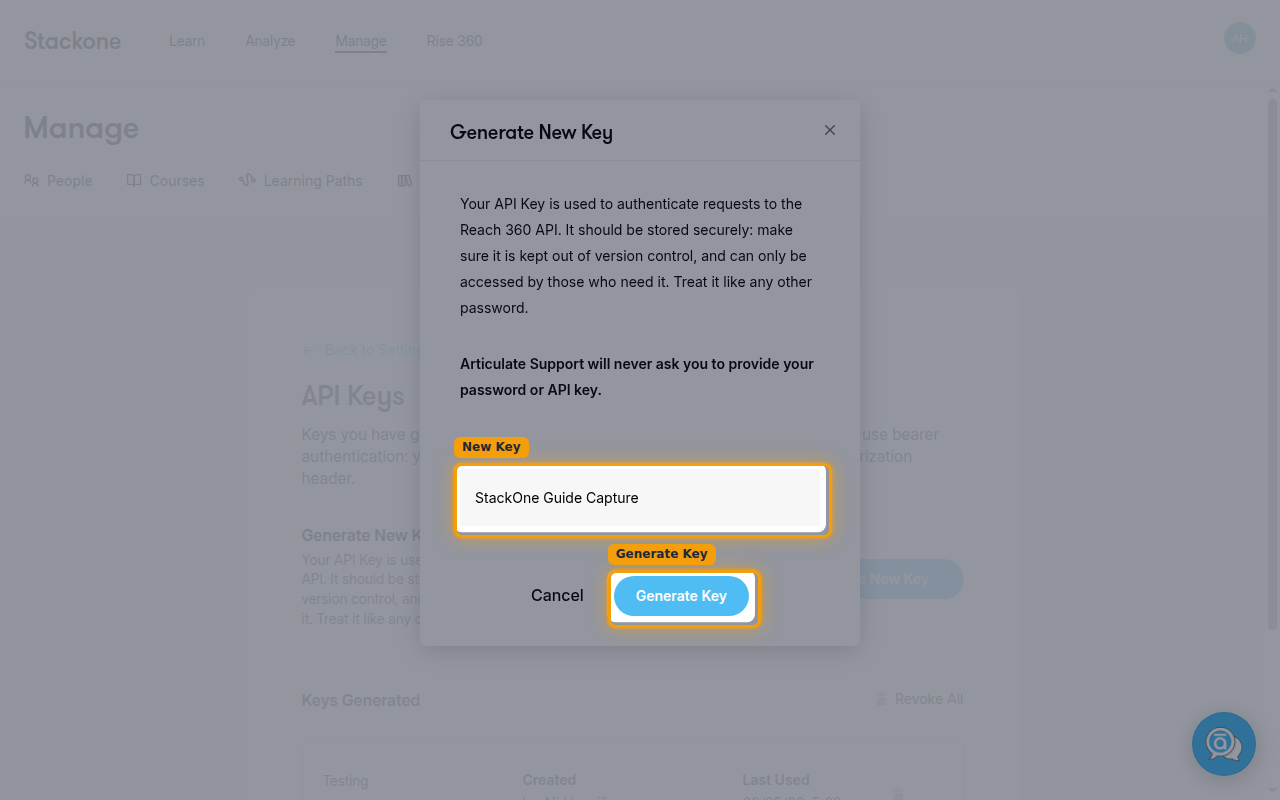Generate New Key dialog with the New Key name field and Generate Key button highlighted