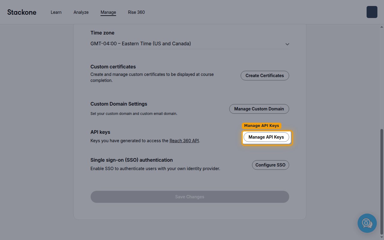 Reach 360 Manage Settings page with the Manage API Keys button highlighted