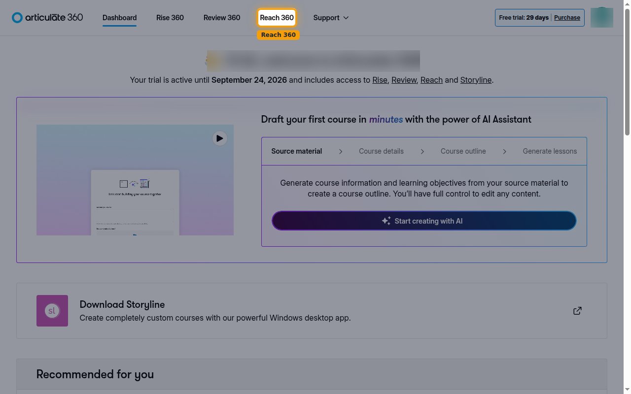 Articulate 360 dashboard with the Reach 360 navigation link highlighted