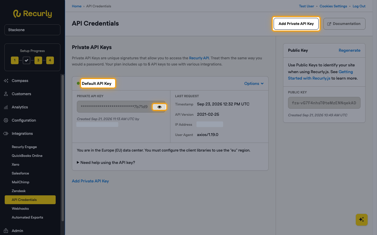 Recurly API Credentials page with the Default API Key card, the reveal icon, and the Add Private API Key button highlighted