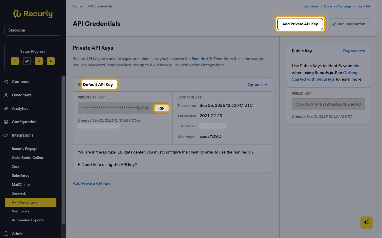 Recurly API Credentials page with the Default API Key card, the reveal icon, and the Add Private API Key button highlighted
