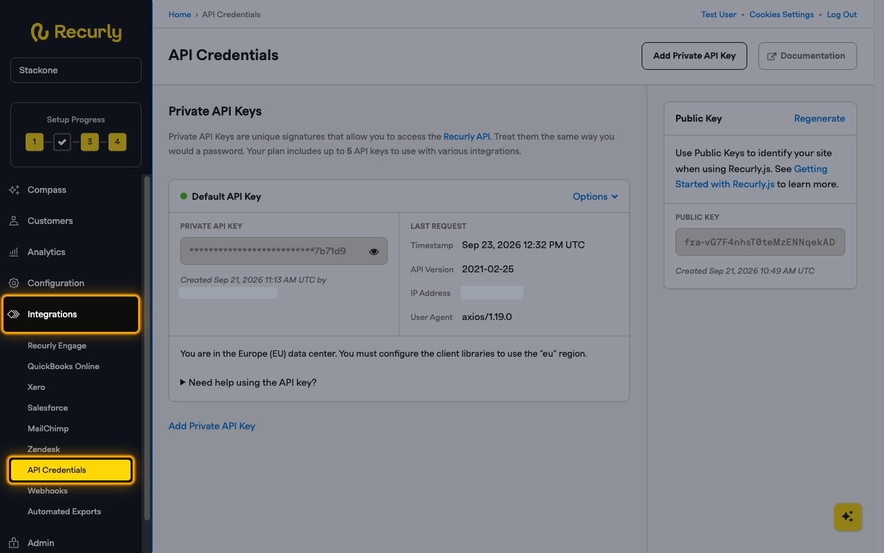 Recurly left sidebar with Integrations expanded and API Credentials selected