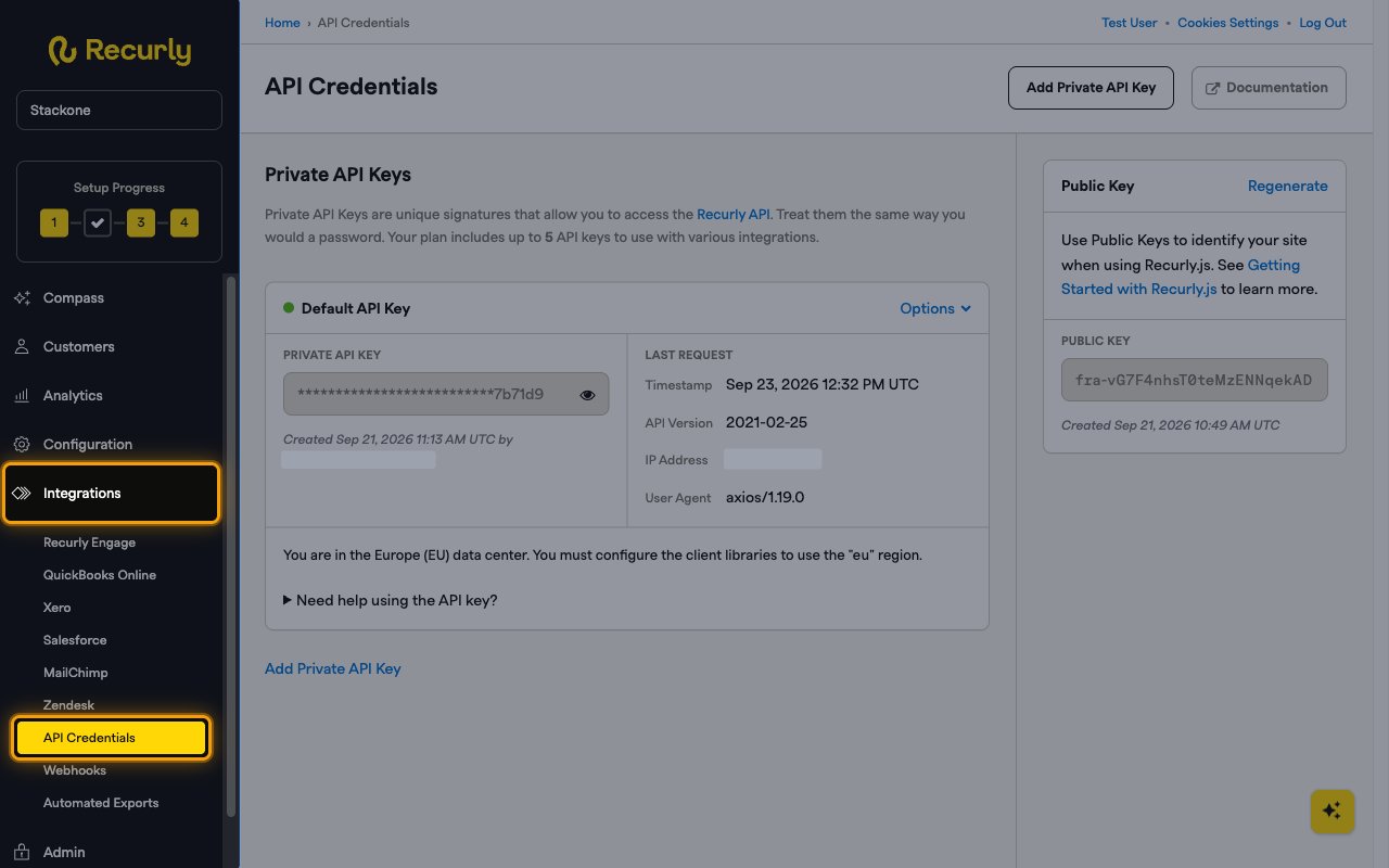 Recurly left sidebar with Integrations expanded and API Credentials selected